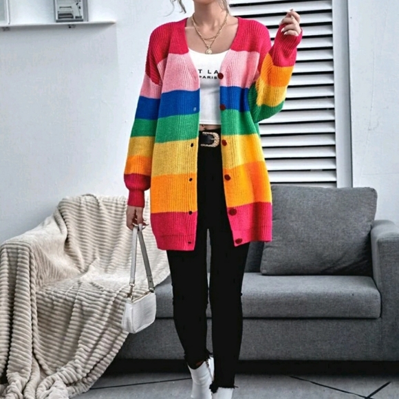 Button Front Drop Shoulder Rainbow Stripe Cardigan - Picture 4 of 7